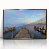 Mid-century modernist style large art print of a Central American landscape in vibrant colors, framed in gold acrylic.