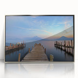 Mid-century modernist art of a Guatemalan landscape in muted earth tones, framed in silver acrylic.