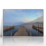 Art deco poster of a Central American scenery in muted earth tones, framed in white acrylic, suitable for nursery wall decor.