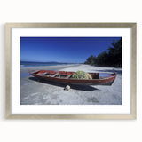 Textured abstract art print of Central American scenery in silver frame, ideal for bedroom art.