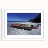 Abstract art print depicting a serene Central American landscape in soft pastel shades, framed with a white mat.