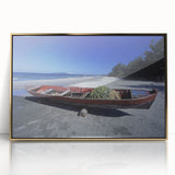 Framed acrylic print of a Central American landscape in mid-century modernist style, featuring earthy tones.