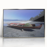 Mid-century modernist art depicting a serene Central American landscape, framed in silver acrylic.