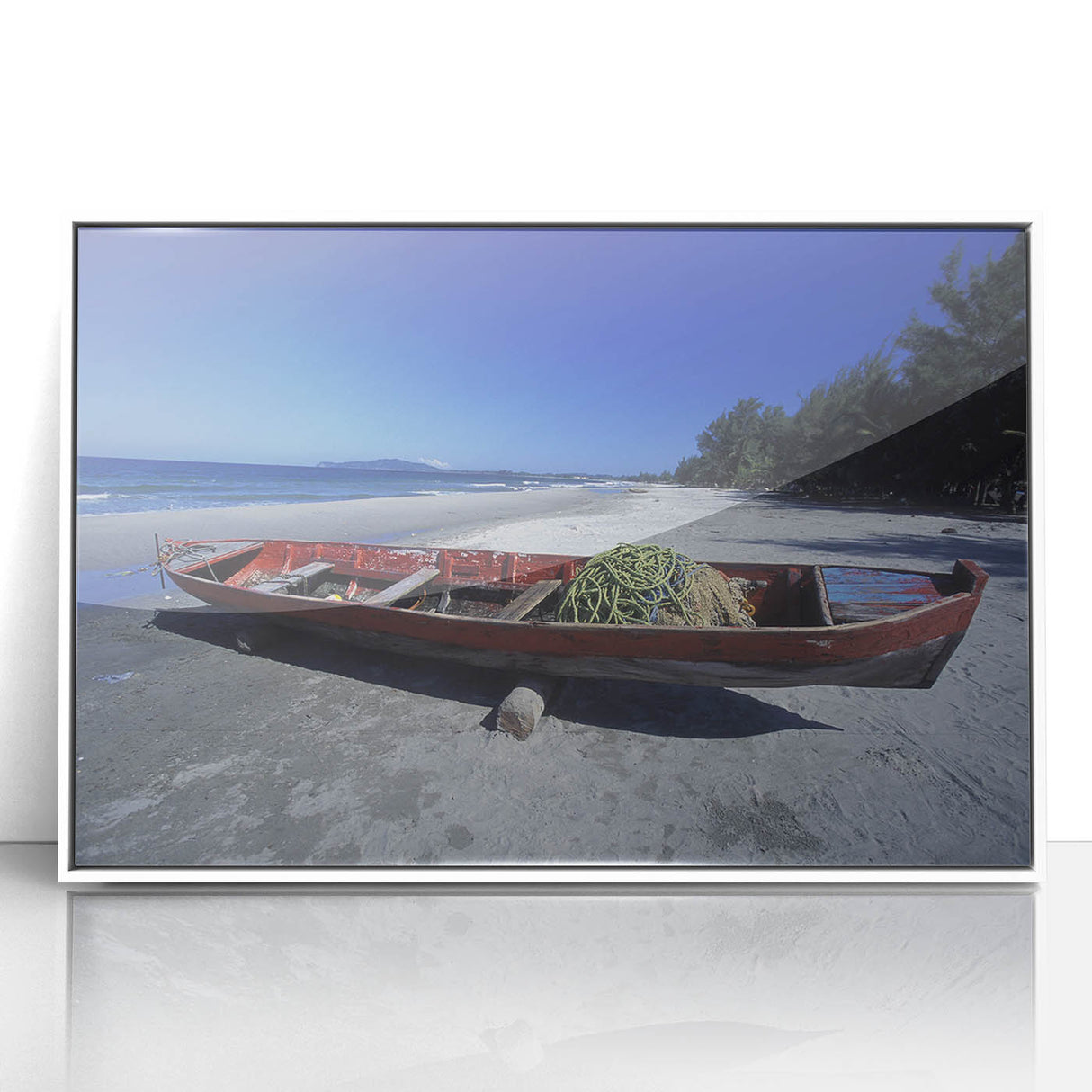 Art deco poster featuring a serene Honduran landscape in muted green and blue tones, acrylic print in white frame.