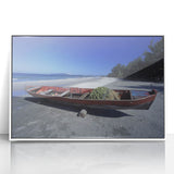 Art deco poster featuring a serene Honduran landscape in muted green and blue tones, acrylic print in white frame.