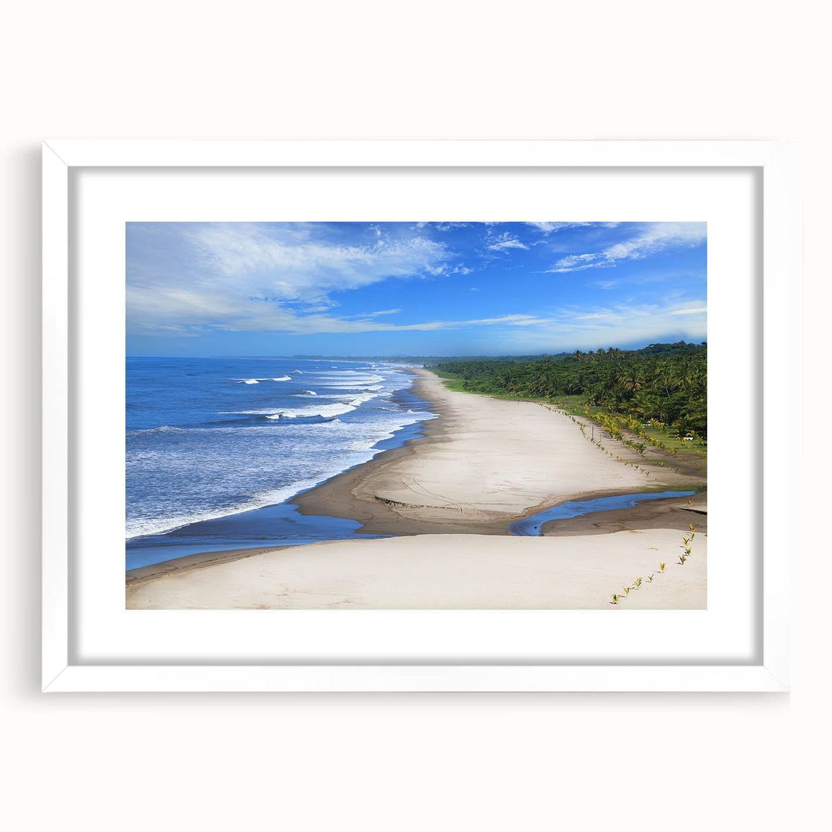 Abstract art print of Central America scenery in muted earth tones, framed in white, suitable for dining room decor.