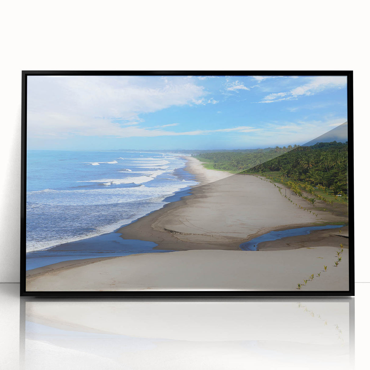 Large abstract wall art depicting a vibrant Central American scenery in acrylic on a black framed canvas.