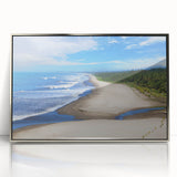 Mid-century modernist art featuring a serene Nicaraguan landscape in soft earth tones, framed in silver acrylic.