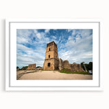 Abstract art print of Central America scene in muted earth tones, framed with a white mat.