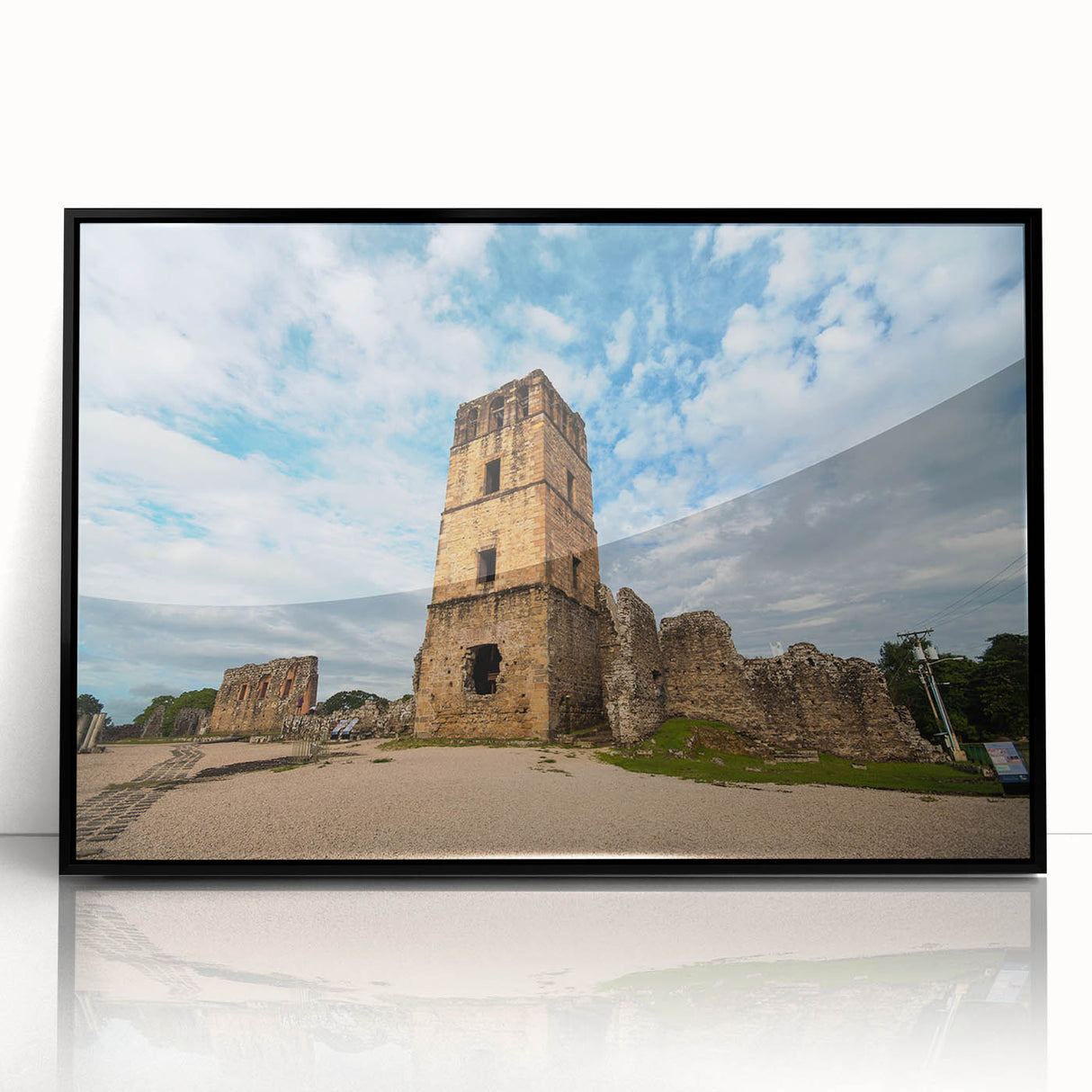 Large abstract wall art depicting a stylized Panama scenery in muted earth tones on a black framed acrylic.