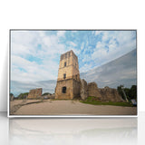 Art deco poster of Panama scenery in muted green and blue tones, acrylic print framed in white.