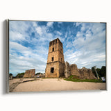 Framed canvas landscape art painting depicting a vintage Central American scene with vibrant colors on a black background.