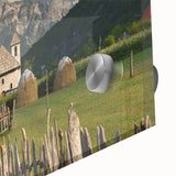 Large abstract wall art featuring a mid-century modernist design of an Albanian landscape in muted earth tones on acrylic…