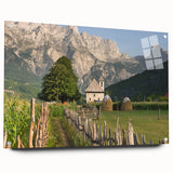 Acrylic print of a European Albanian landscape, featuring muted earth tones, ideal for dining room decor.