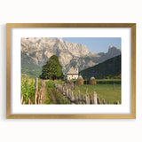 Abstract art print of an Albanian landscape in muted earth tones on a gold-framed canvas, ideal for dining room decor.