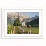 Textured abstract art print of an Albanian landscape in muted earth tones on a white-framed canvas, ideal for bedroom decor.