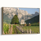 Framed canvas featuring a vintage-style landscape painting of an Albanian scenery in muted earth tones.