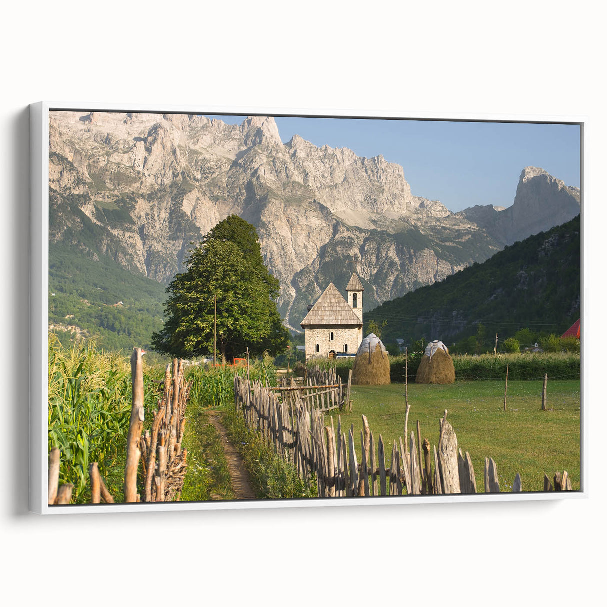 Vintage poster art of an Albanian landscape on extra large framed canvas, featuring vibrant colors.