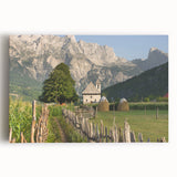 Large black and white photo of an Albanian landscape on stretched canvas, ideal for kitchen wall art or bedroom decor.