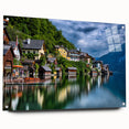 Acrylic print of a serene Austrian landscape, featuring muted green and blue tones, ideal for dining room decor.