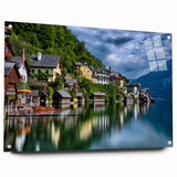 Acrylic print of a serene Austrian landscape, featuring muted green and blue tones, ideal for dining room decor.