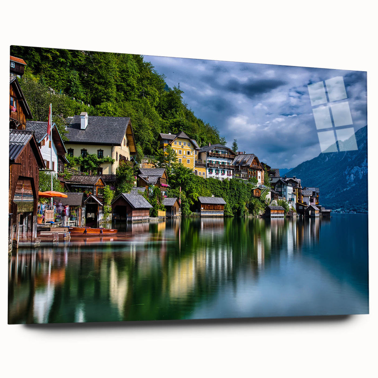 Large abstract depiction of an Austrian landscape in muted earth tones on acrylic glass.