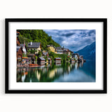 Extra large abstract art print of a colorful, textured European scenery on a black framed canvas.