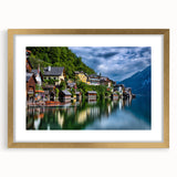 Abstract art print of a European scenery in Austria, featuring muted earth tones on a framed gold mat.