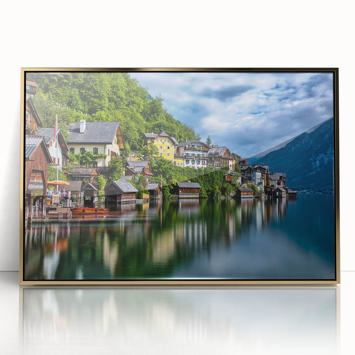 Art deco poster of an Austrian landscape in muted gold and green tones, acrylic framed, ideal for modern art wall decor.