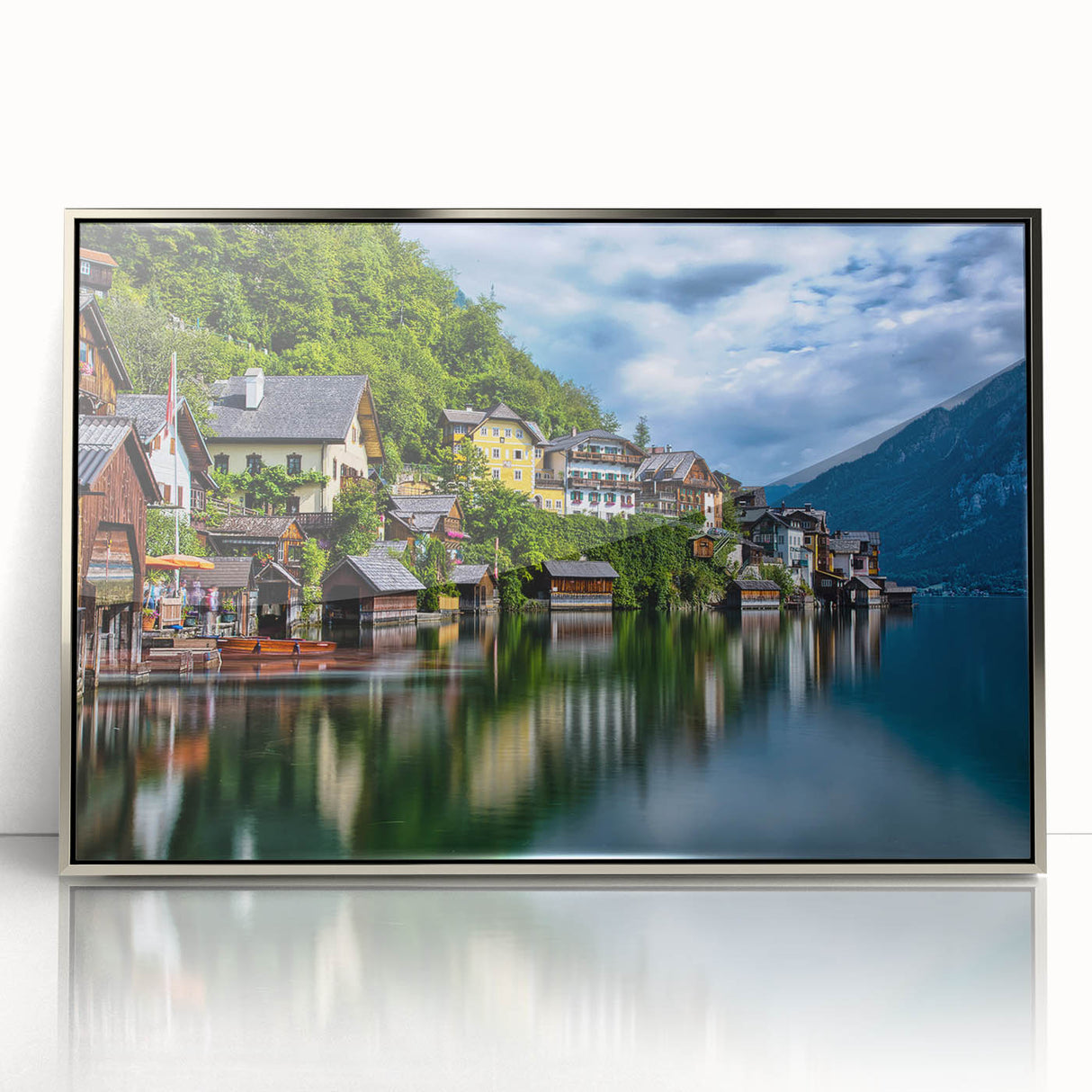 Large art print of a European Austrian landscape in muted colors, framed in silver acrylic, ideal for modern art wall decor.