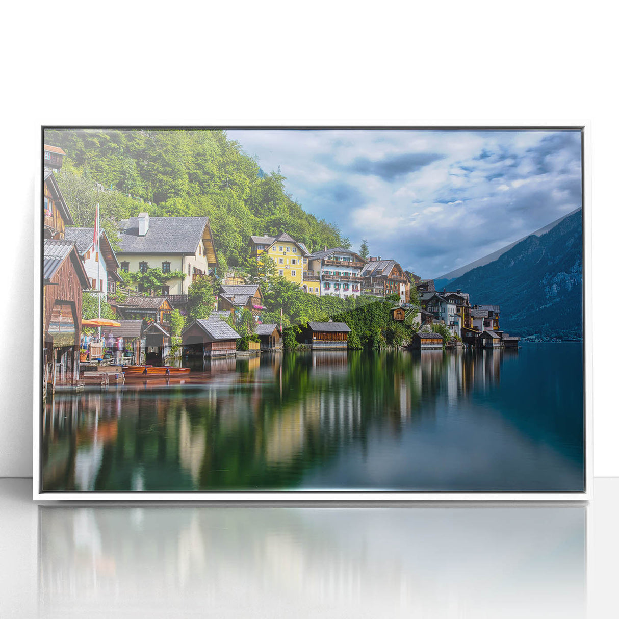 Mid-century modernist art depicting a serene Austrian landscape in muted earth tones on a framed acrylic.