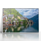 Mid-century modernist art depicting a serene Austrian landscape in muted earth tones on a framed acrylic.