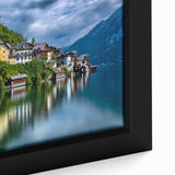 Extra large framed canvas of a textured Austrian landscape in black with colorful accents, ideal for living room decor.