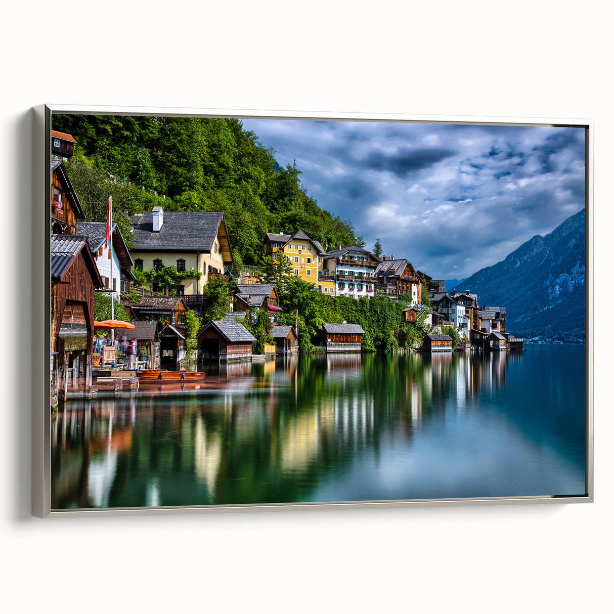 Framed canvas landscape art painting featuring a colorful Austrian village scene, ideal for living room decor.