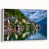 Vintage poster art depicting a scenic Austrian landscape on a framed canvas, featuring vibrant color palette.