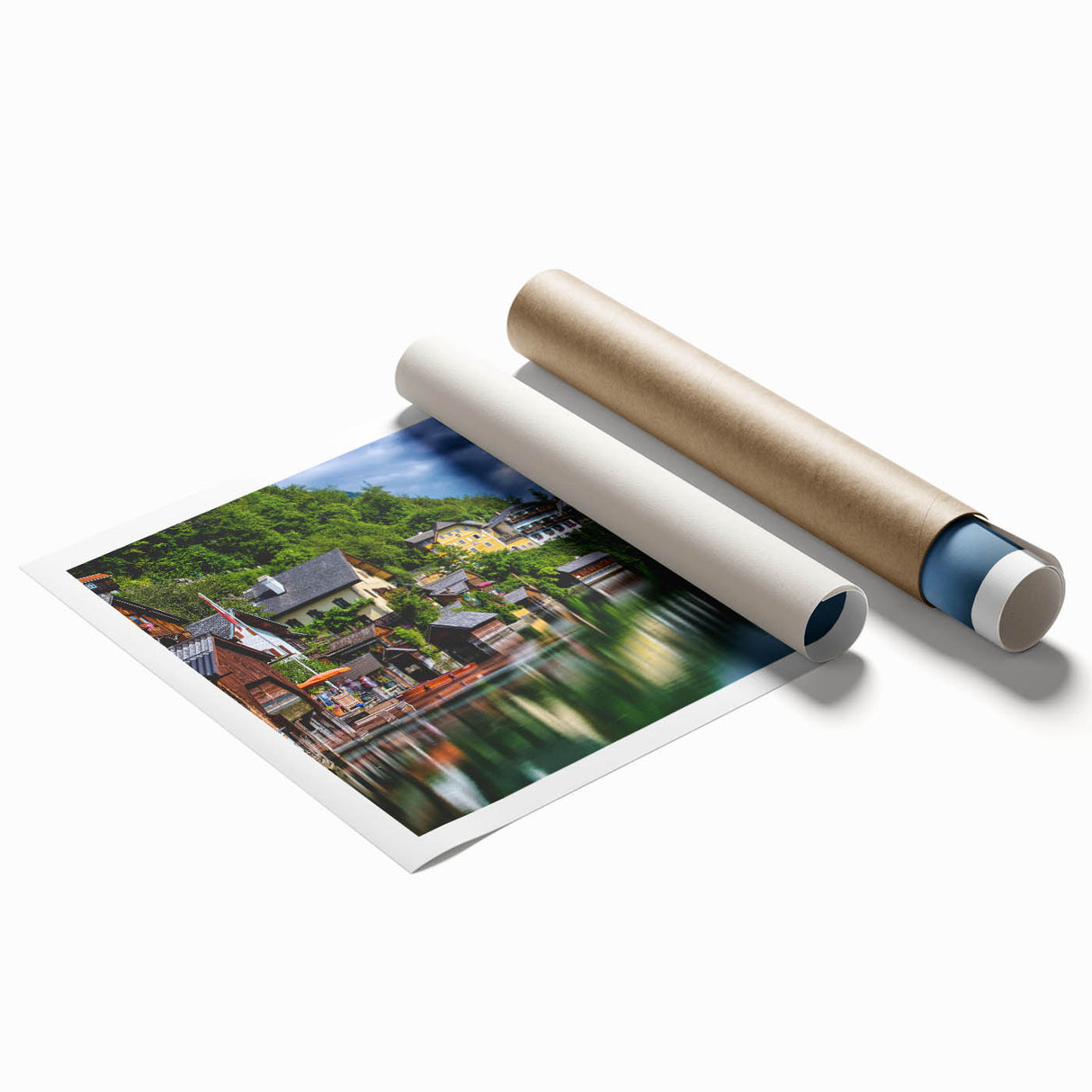 Extra large rolled print of a serene Austrian landscape with soft floral elements, ideal for classy bathroom wall art.