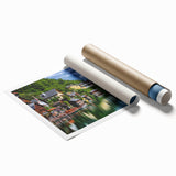 Extra large rolled print of a serene Austrian landscape with soft floral elements, ideal for classy bathroom wall art.