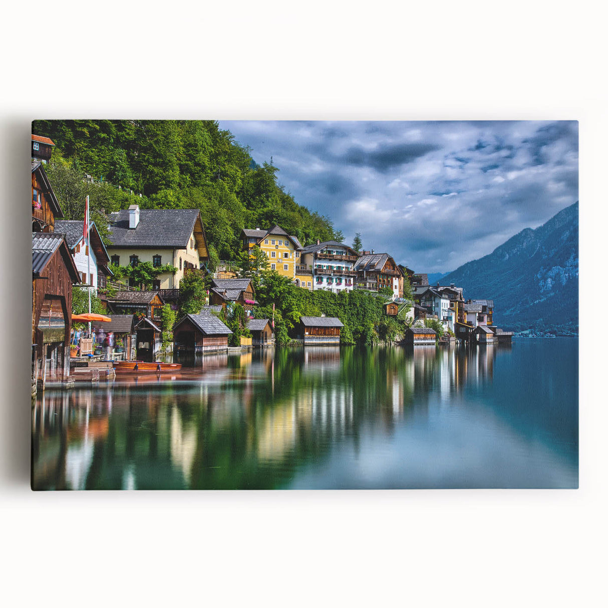 Black and white photograph of an Austrian landscape on stretched canvas, ideal for kitchen wall art or bedroom decor.