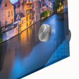 Extra large acrylic glass wall art depicting a black textured European scenery with colorful accents.