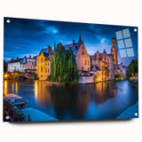 Acrylic print of a European cityscape in muted gray and blue tones, ideal for dining room art.