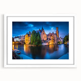 Textured abstract art print of a European scenery in muted earth tones, framed with a white mat, ideal for bedroom art.