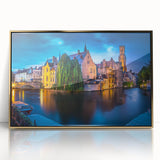 Art deco poster of a European scenery in Belgium, featuring muted gold and blue tones on a framed acrylic.