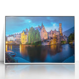 Mid-century modernist art depicting a serene Belgian landscape in muted earth tones on a framed acrylic panel.