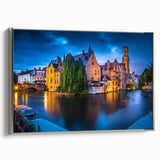 Vintage poster art of a scenic Belgian landscape on a framed canvas, featuring vibrant colors, ideal for living room decor.