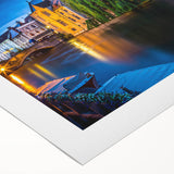 Art deco poster of a serene Belgian landscape in muted green and blue tones, ideal for dining room wall art.