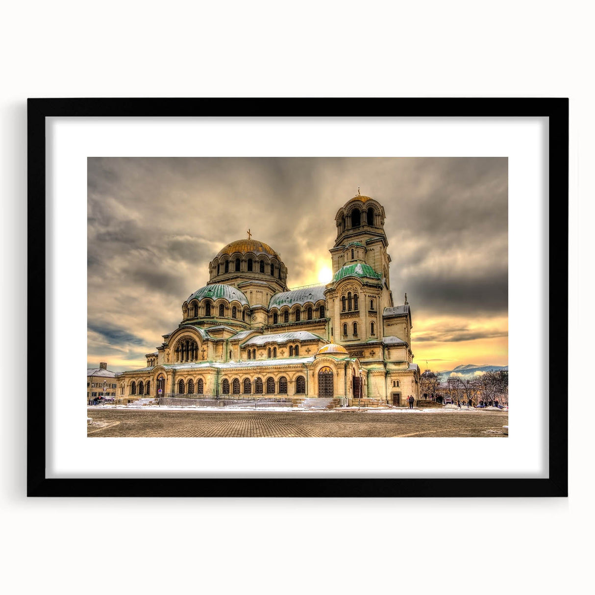 Extra large abstract art print of a colorful European scenery in a black frame, ideal for living room decor.