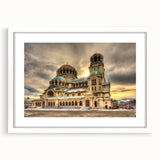 Textured abstract art print of a European scenery in muted earth tones on a white framed canvas, ideal for bedroom art.