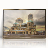 Acrylic print of a European Bulgarian landscape in art deco style, framed in gold, suitable for modern art wall decor.