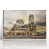 Mid-century modernist art depicting a serene Bulgarian landscape in muted earth tones on framed acrylic.