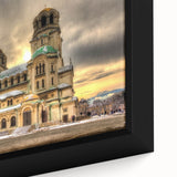 Close-up of a framed canvas featuring a textured, colorful Bulgarian landscape, ideal for living room decor.